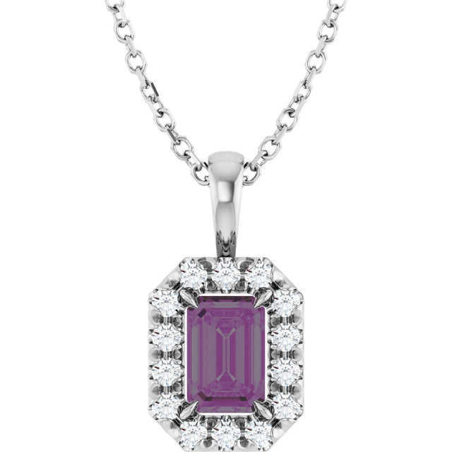 14K Gold Emerald Lab-Grown Alexandrite Halo-Style Necklace or Pendant - White Gold