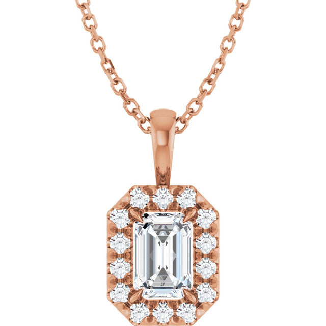 14K Gold Emerald Natural White Sapphire Halo-Style Necklace or Pendant - Rose Gold