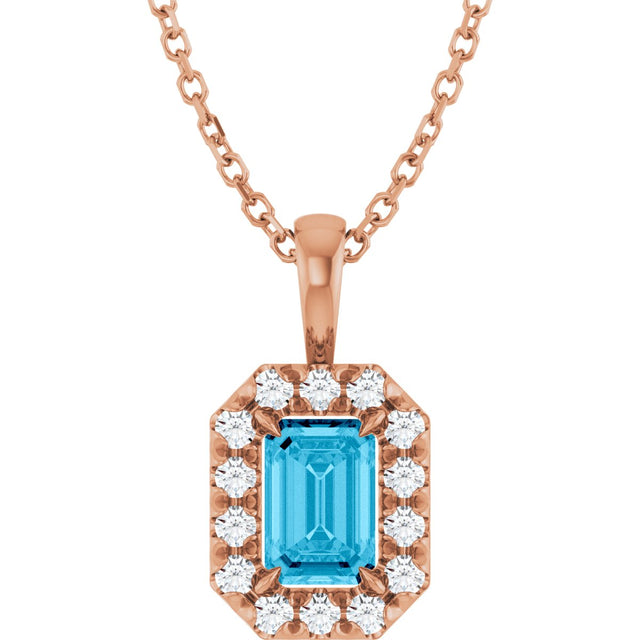 14K Gold Emerald Natural Aquamarine Halo-Style Necklace or Pendant - Rose Gold