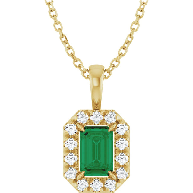 14K Gold Emerald Lab-Grown Emerald Halo-Style Necklace or Pendant - Yellow Gold