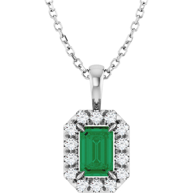 14K Gold Emerald Lab-Grown Emerald Halo-Style Necklace or Pendant - White Gold