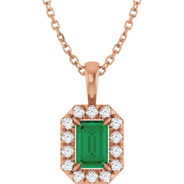 14K Gold Emerald Natural Emerald Halo-Style Necklace or Pendant - Rose Gold