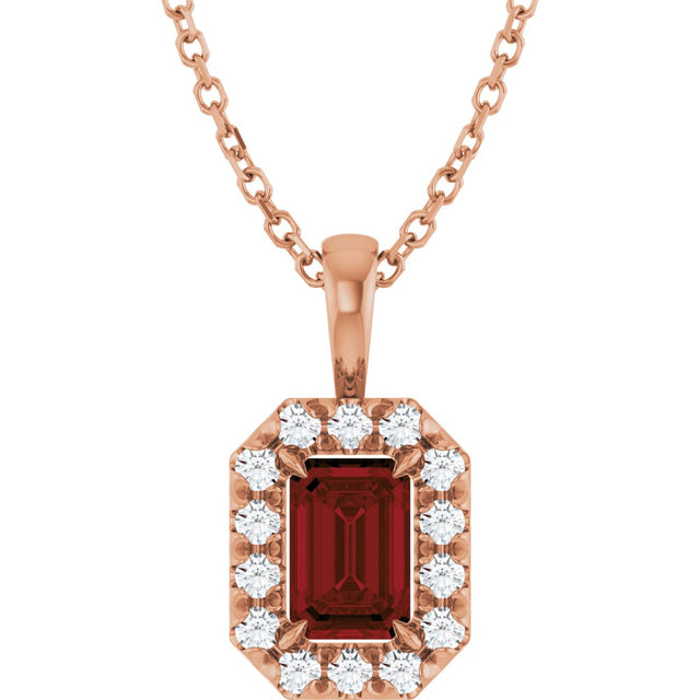 14K Gold Emerald Natural Mozambique Garnet Halo-Style Necklace or Pendant - Rose Gold