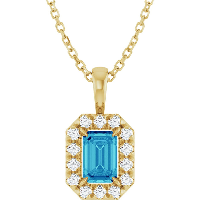 14K Gold Emerald Natural Blue Zircon Halo-Style Necklace or Pendant - Yellow Gold