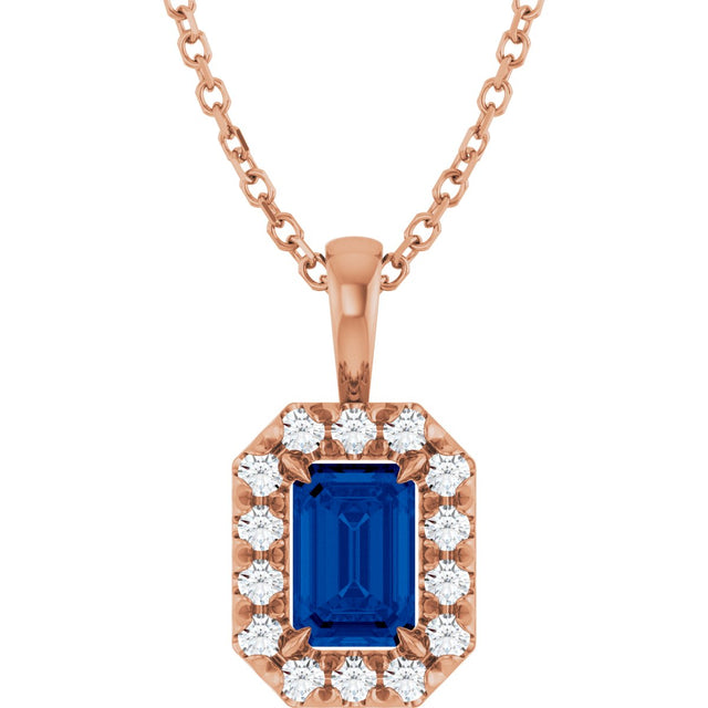 14K Gold Emerald Lab-Grown Blue Sapphire Halo-Style Necklace or Pendant - Rose Gold