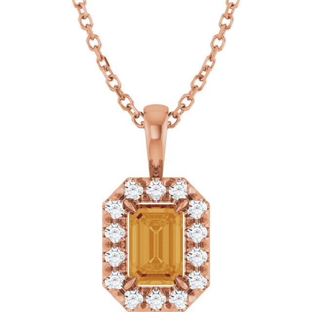 14K Gold Emerald Natural Citrine Halo-Style Necklace or Pendant - Rose Gold