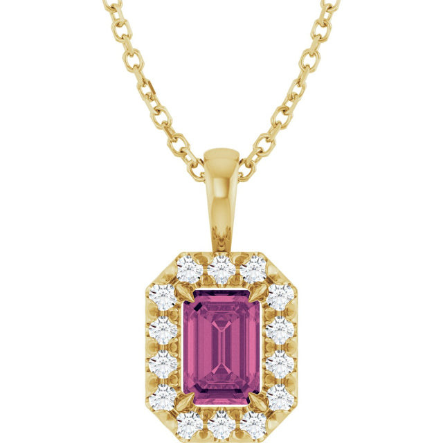 14K Gold Emerald Natural Pink Tourmaline Halo-Style Necklace or Pendant - Yellow Gold