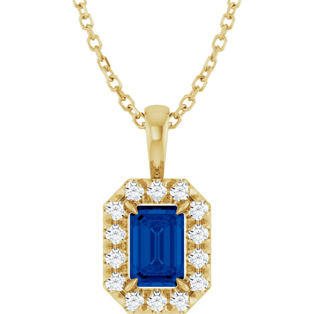 14K Gold Emerald Lab-Grown Blue Sapphire Halo-Style Necklace or Pendant - Yellow Gold