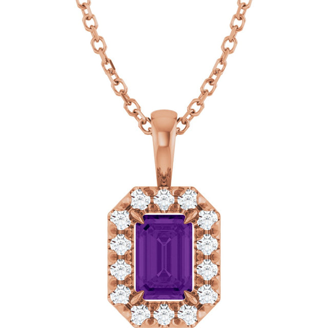 14K Gold Emerald Natural Amethyst Halo-Style Necklace or Pendant - Rose Gold