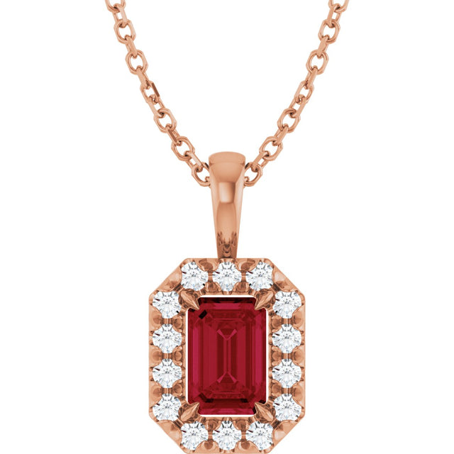 14K Gold Emerald Natural Ruby Halo-Style Necklace or Pendant - Rose Gold
