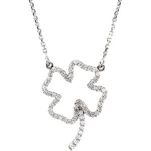 14K Gold Round Natural Diamond Four-Leaf Clover Necklace - White Gold