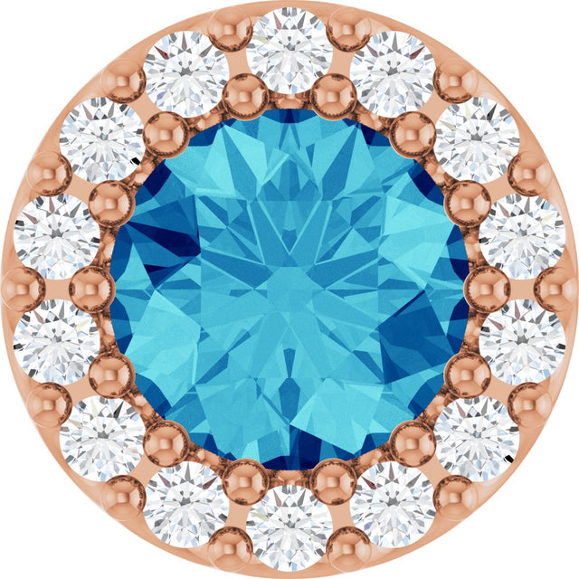 14K Gold Round Natural Blue Zircon Halo-Style Pendant - Rose Gold