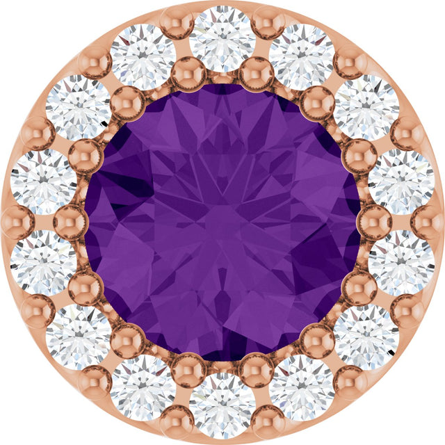 14K Gold Round Natural Amethyst Halo-Style Pendant - Rose Gold