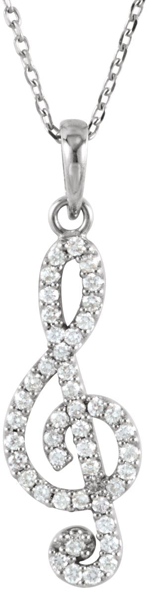 14K Gold Round Natural Diamond Petite Treble Clef Necklace or Pendant - White Gold