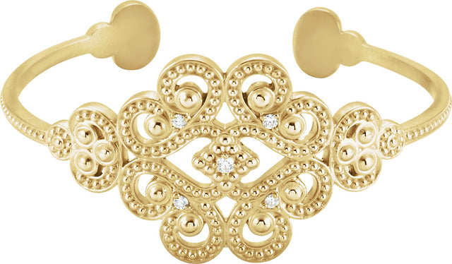 14K Gold Round Natural Diamond Accented Granulated Cuff Bracelet