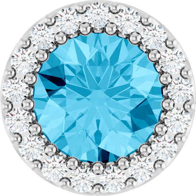 14K Gold Round Natural Aquamarine Halo-Style Pendant - White Gold