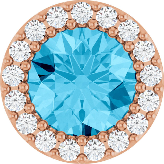 14K Gold Round Natural Aquamarine Halo-Style Pendant - Rose Gold