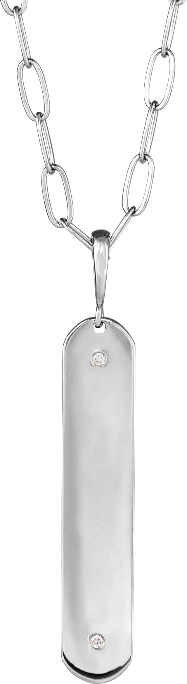 14K Gold Round Natural Diamond Engravable Accented Bar Necklace or Pendant - White Gold