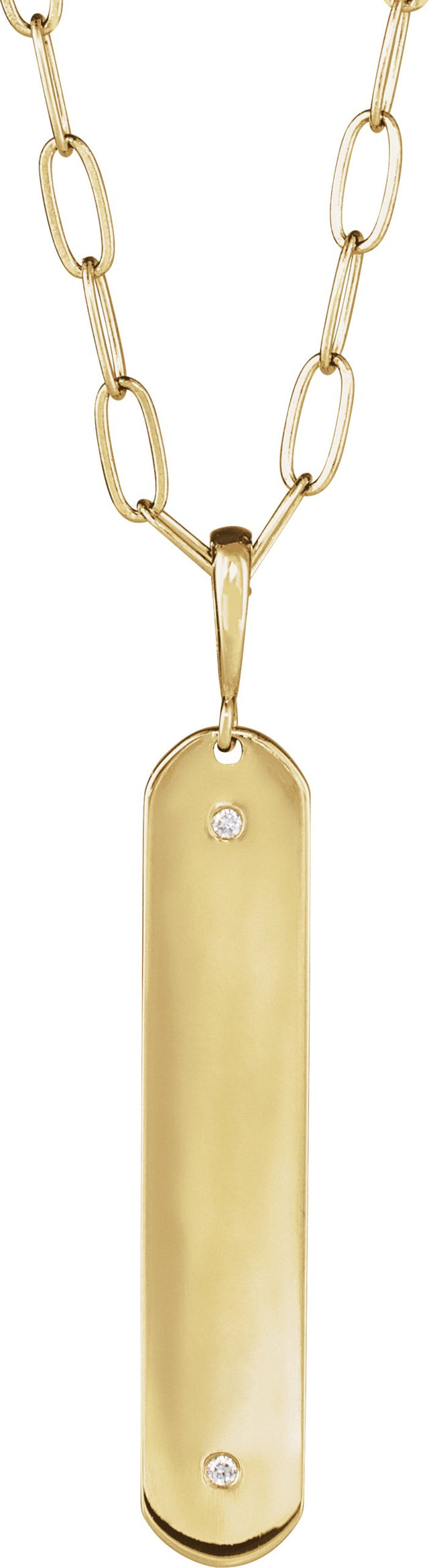 14K Gold Round Natural Diamond Engravable Accented Bar Necklace or Pendant - Yellow Gold