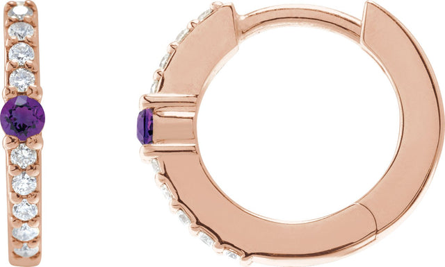 14K Gold Round Natural Amethyst Accented Hoop Earrings – 2mm Stones - Rose Gold