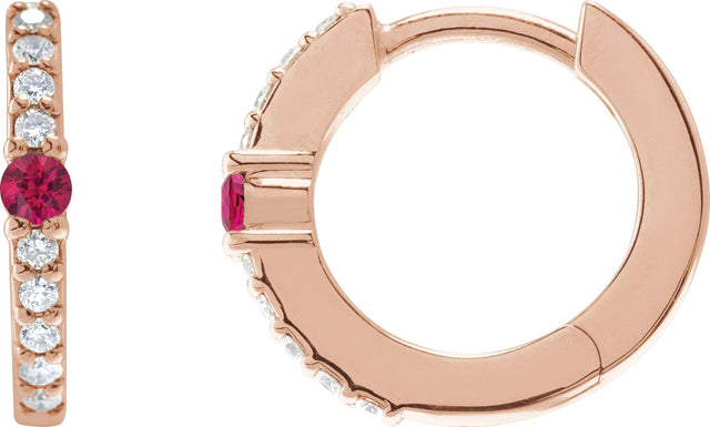 14K Gold Round Lab-Grown Ruby Accented Hoop Earrings – 2mm Stones - Rose Gold