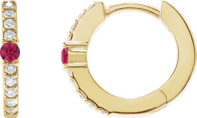 14K Gold Round Natural Ruby Accented Hoop Earrings – 2mm Stones - Yellow Gold