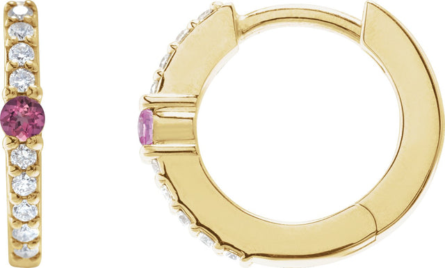 14K Gold Round Natural Pink Tourmaline Accented Hoop Earrings – 2mm Stones - Yellow Gold