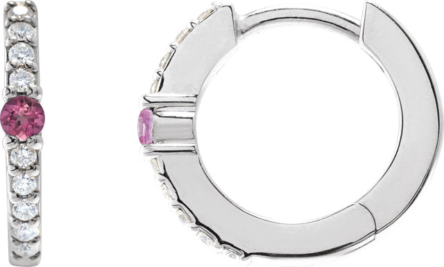 14K Gold Round Natural Pink Tourmaline Accented Hoop Earrings – 2mm Stones - White Gold