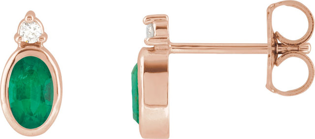 14K Gold Oval Lab-Grown Emerald Accented Bezel-Set Earrings - Rose Gold