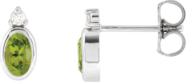 14K Gold Oval Natural Peridot Accented Bezel-Set Earrings - White Gold