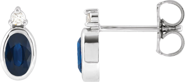 Platinum Oval Natural Blue Sapphire Accented Bezel-Set Earrings