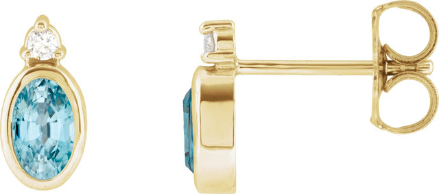 14K Gold Oval Natural Blue Zircon Accented Bezel-Set Earrings - Yellow Gold