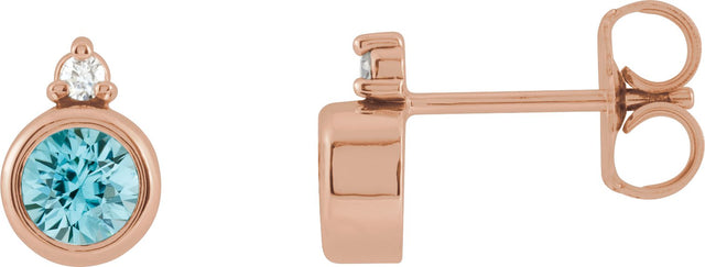 14K Gold Oval Natural Blue Zircon Accented Bezel-Set Earrings - Rose Gold