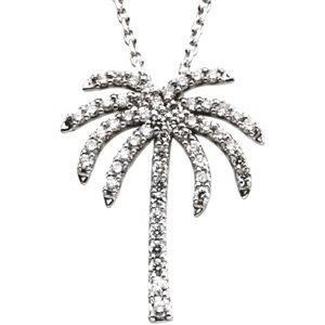 14K Gold Round Natural Diamond Palm Tree Necklace - White Gold