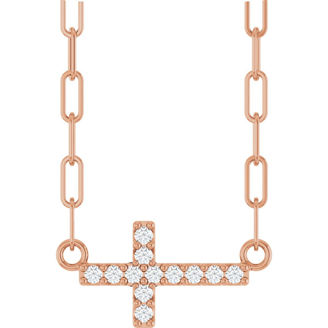 14K Gold Round Natural Diamond Accented Sideways Cross Necklace – 19.3x10.8mm - Rose Gold