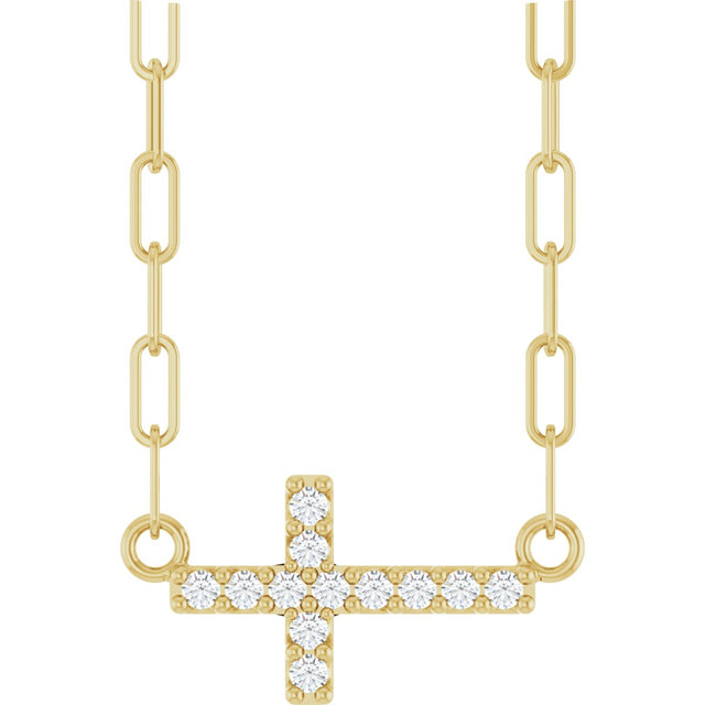 14K Gold Round Natural Diamond Accented Sideways Cross Necklace – 19.3x10.8mm - Yellow Gold