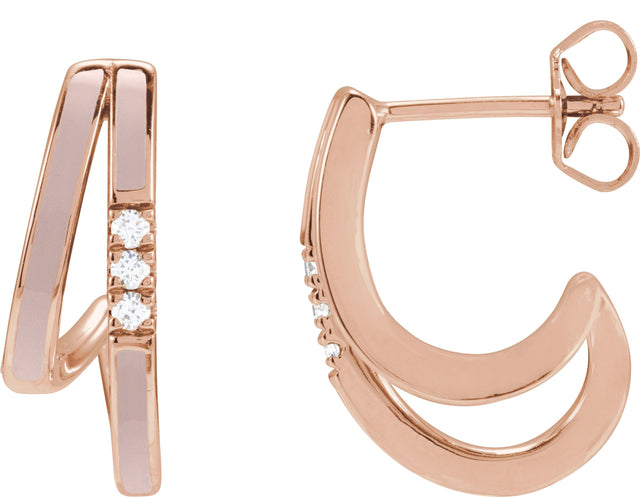 14K Gold Round Natural Diamond Accented Double-Row Enamel Hoop Earrings - Rose Gold