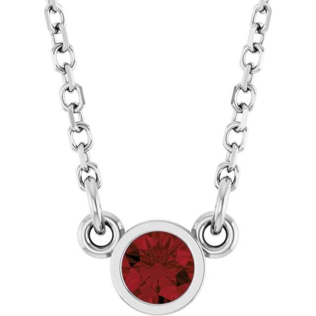 14K Gold Round Natural Mozambique Garnet Bezel-Set Solitaire Birthstone Necklace II - White Gold