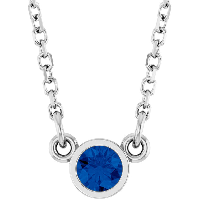 14K Gold Round Natural Blue Sapphire Bezel-Set Solitaire Birthstone Necklace - White Gold