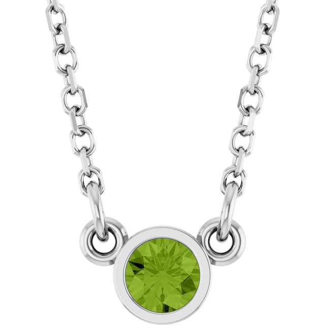 14K Gold Round Natural Peridot Bezel-Set Solitaire Birthstone Necklace II - White Gold