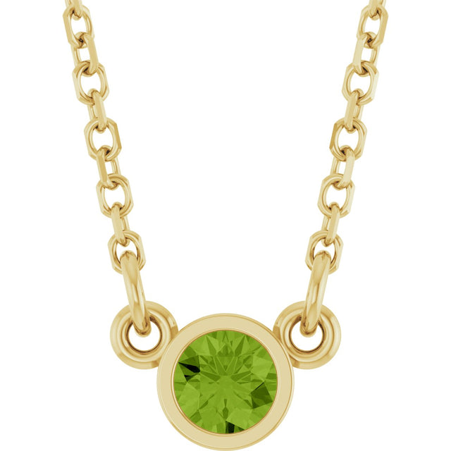 14K Gold Round Natural Peridot Bezel-Set Solitaire Birthstone Necklace II - Yellow Gold