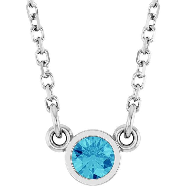 Platinum Round Natural Blue Zircon Bezel-Set Solitaire Birthstone Necklace