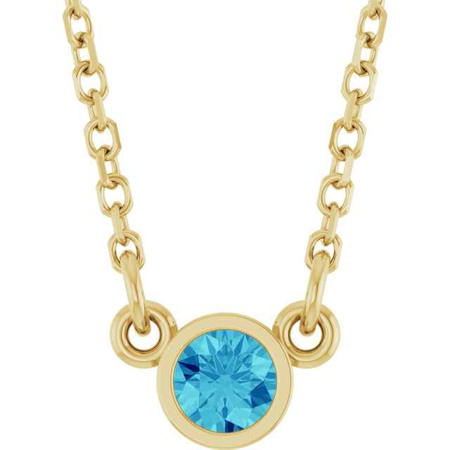 14K Gold Round Natural Blue Zircon Bezel-Set Solitaire Birthstone Necklace II - Yellow Gold