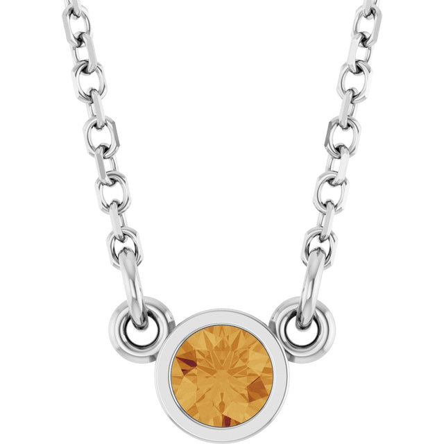Platinum Round Natural Citrine Bezel-Set Solitaire Birthstone Necklace