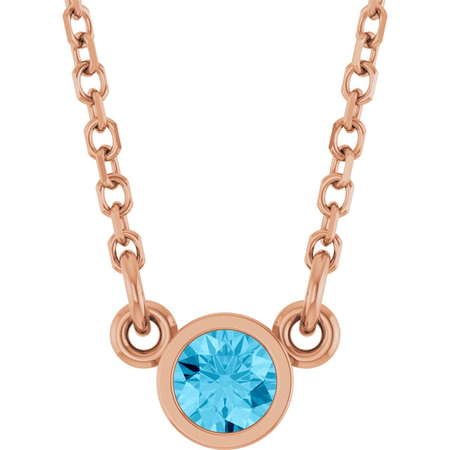 14K Gold Round Natural Aquamarine Bezel-Set Solitaire Birthstone Necklace - Rose Gold