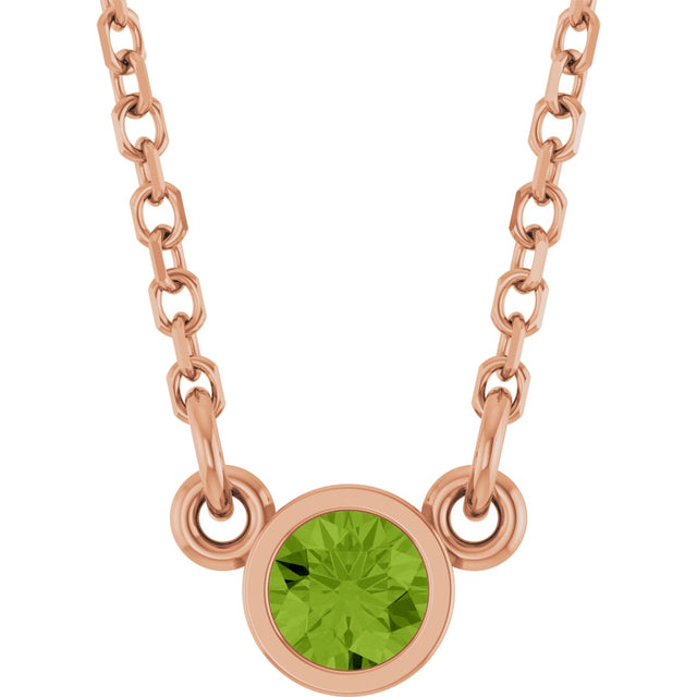 14K Gold Round Natural Peridot Bezel-Set Solitaire Birthstone Necklace II - Rose Gold