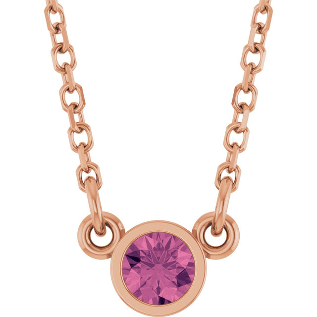 14K Gold Round Natural Pink Tourmaline Bezel-Set Solitaire Birthstone Necklace - Rose Gold