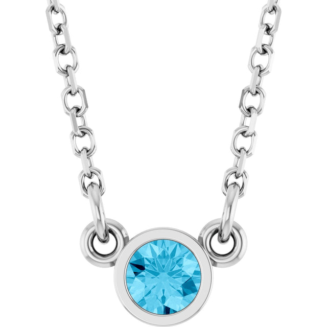 14K Gold Round Natural Aquamarine Bezel-Set Solitaire Birthstone Necklace - White Gold