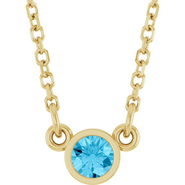 14K Gold Round Natural Aquamarine Bezel-Set Solitaire Birthstone Necklace - Yellow Gold