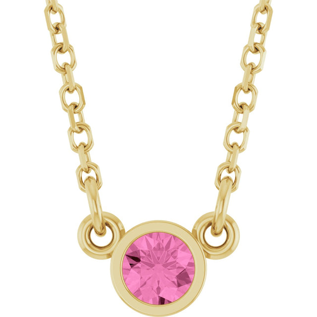 14K Gold Round Natural Pink Sapphire Bezel-Set Solitaire Birthstone Necklace - Yellow Gold